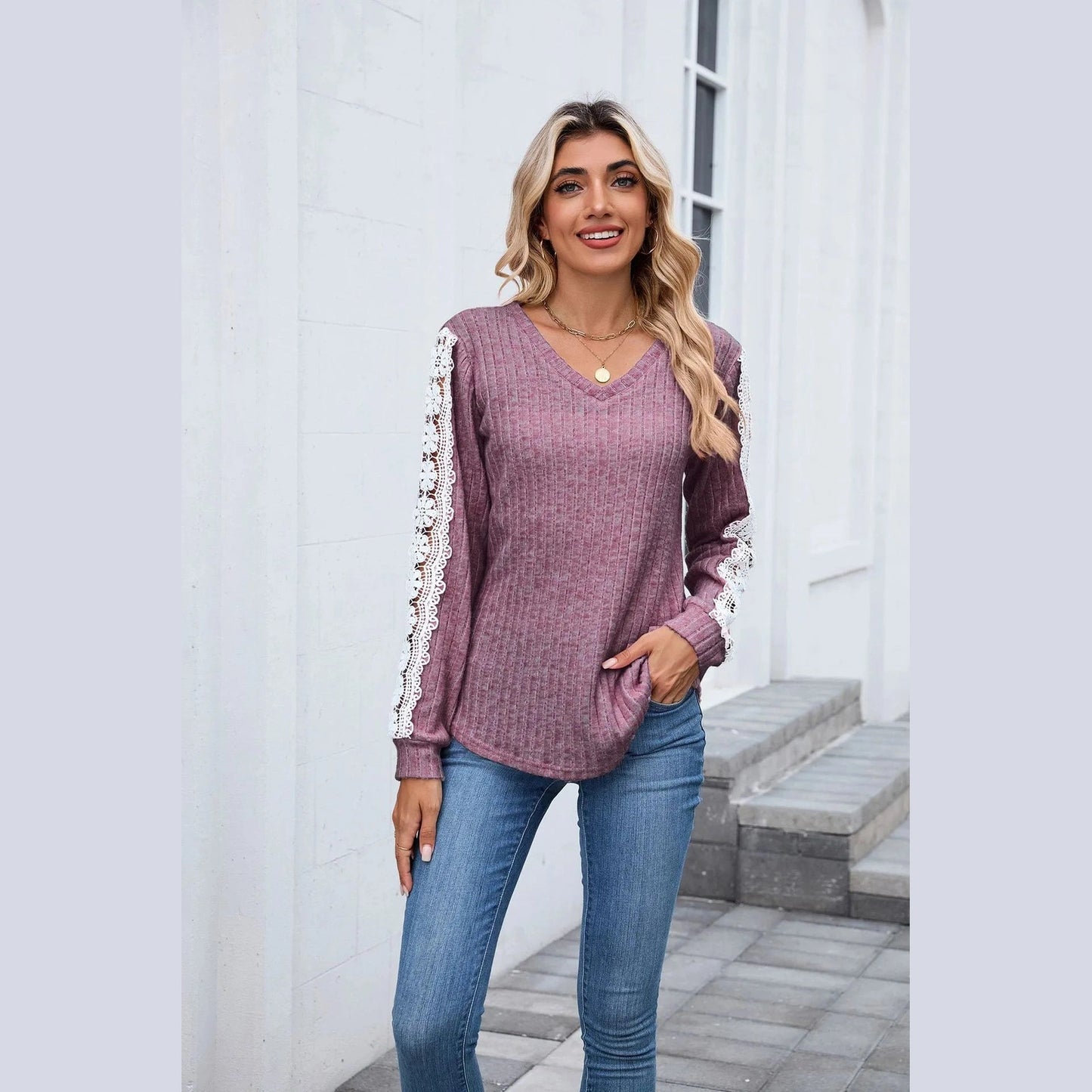 Nora Purple Ribbed Lace Trim Long Sleeve Top