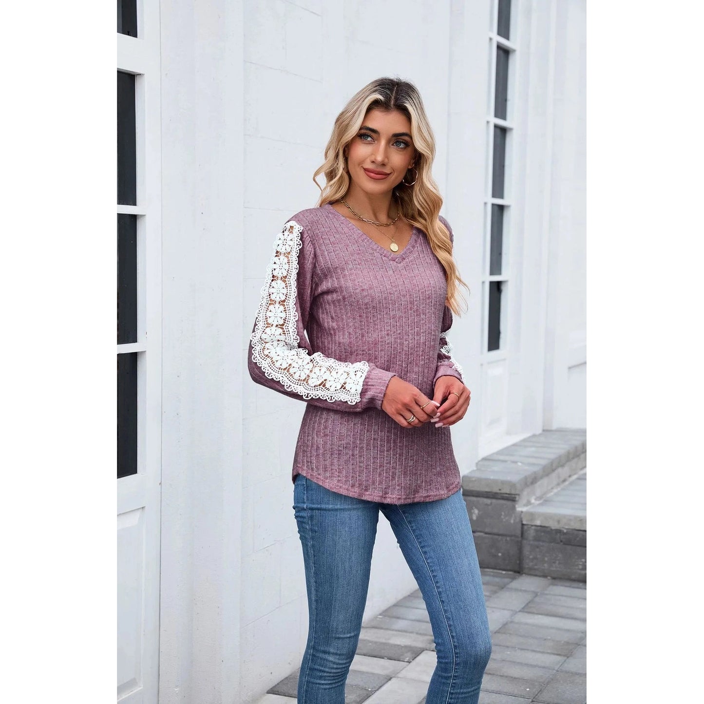 Nora Purple Ribbed Lace Trim Long Sleeve Top
