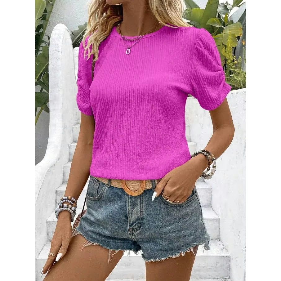 Noreen Hot Pink Ribbed Top with Gathered Sleeves