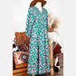 Norma Green Abstract Print Puff Sleeve Tied Notched Neck Long Dress