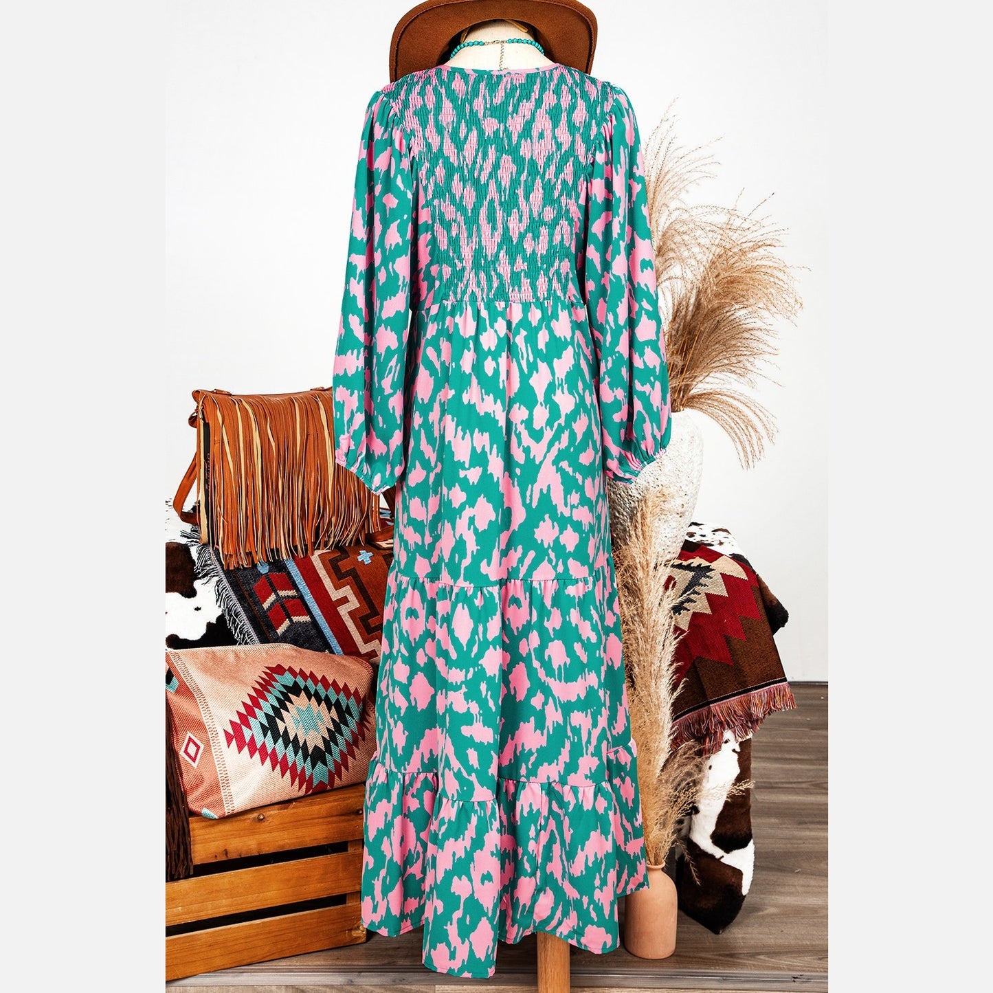 Norma Green Abstract Print Puff Sleeve Tied Notched Neck Long Dress