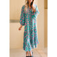 Norma Green Abstract Print Puff Sleeve Tied Notched Neck Long Dress