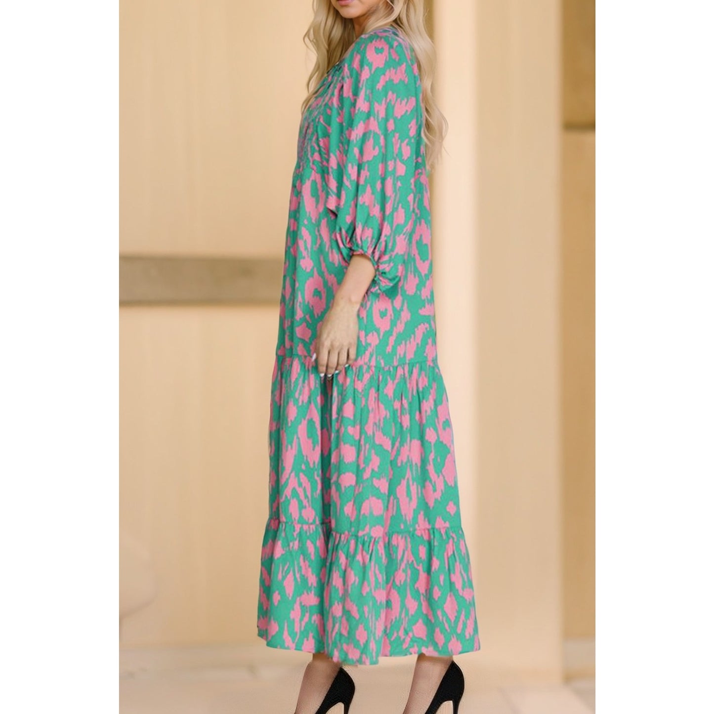 Norma Green Abstract Print Puff Sleeve Tied Notched Neck Long Dress