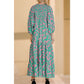 Norma Green Abstract Print Puff Sleeve Tied Notched Neck Long Dress