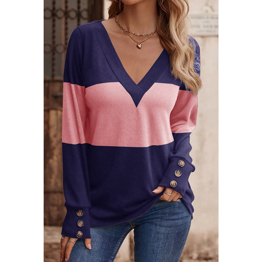 Nycole Blue Stripe Colorblock Button Decor Long Sleeve V Neck Top