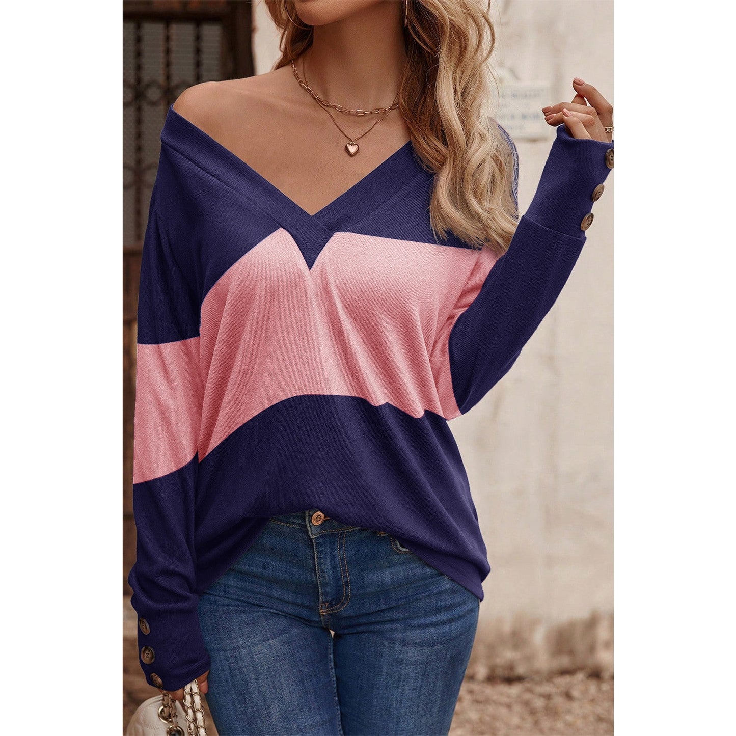 Nycole Blue Stripe Colorblock Button Decor Long Sleeve V Neck Top