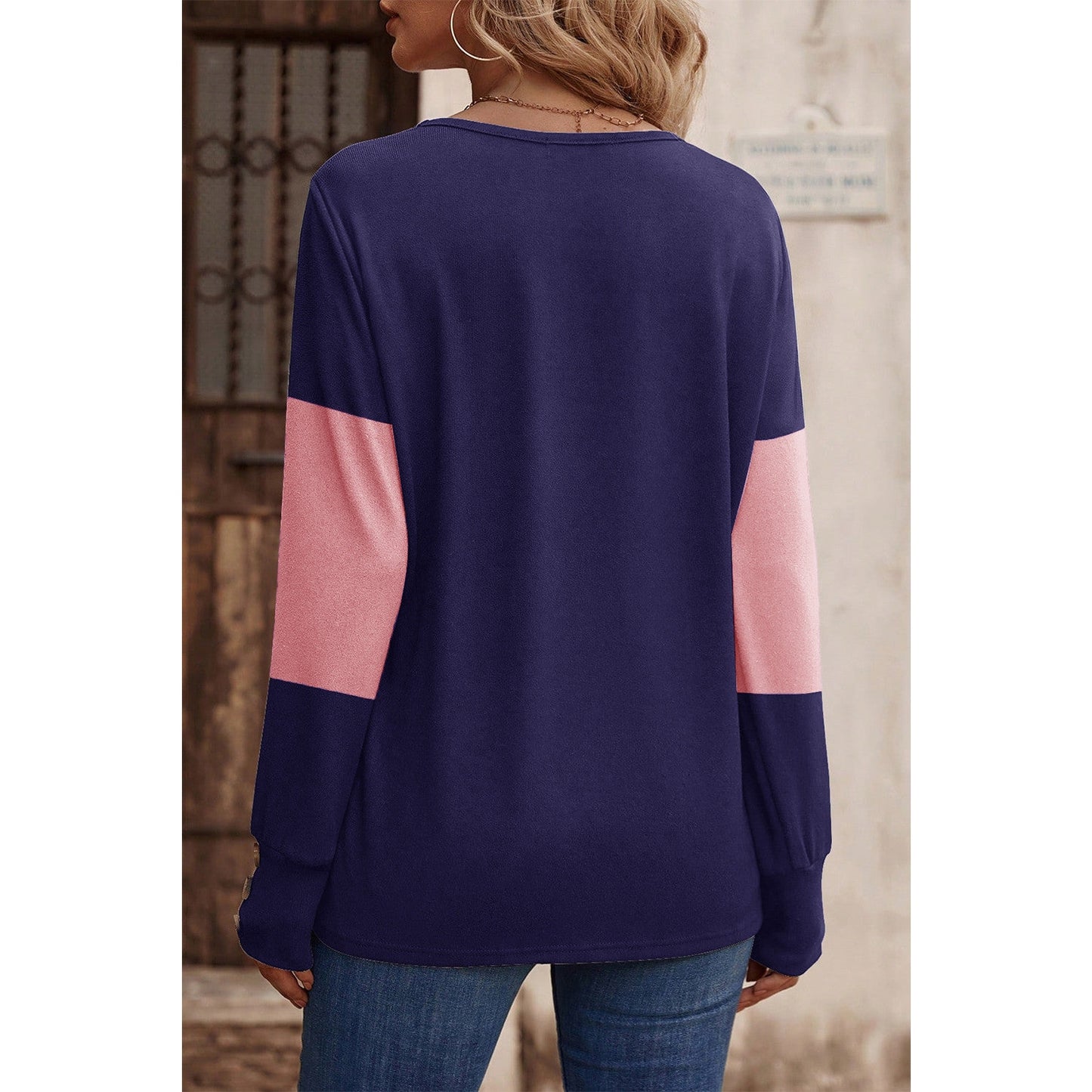 Nycole Blue Stripe Colorblock Button Decor Long Sleeve V Neck Top