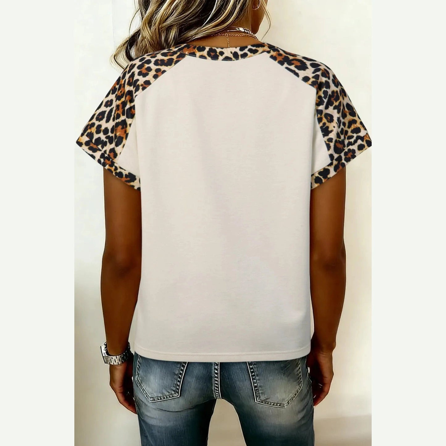 Ozella Leopard Patchwork Half Button Short Sleeve Top