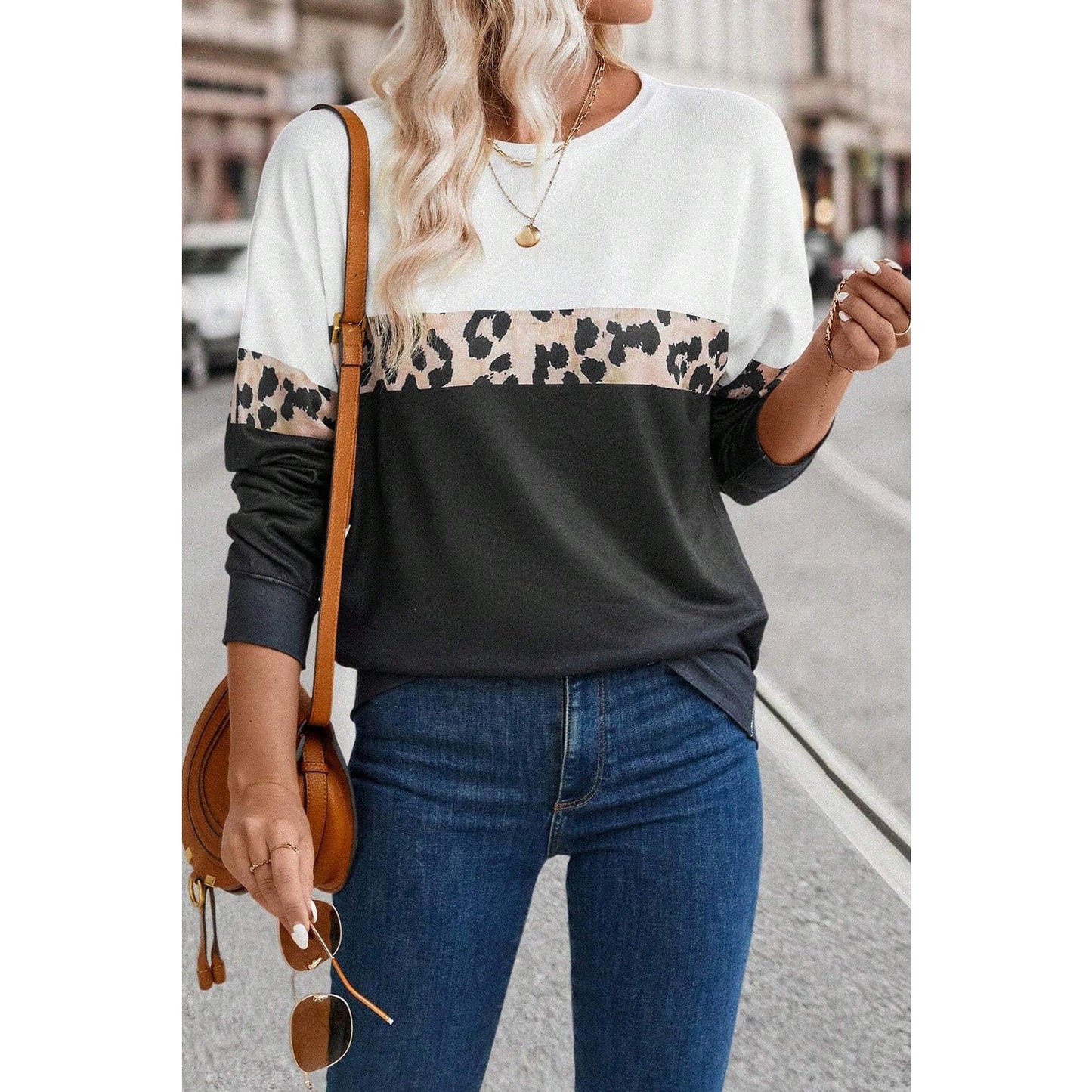 Oaklyn Black Leopard Colorblock Round Neck Long Sleeve Top