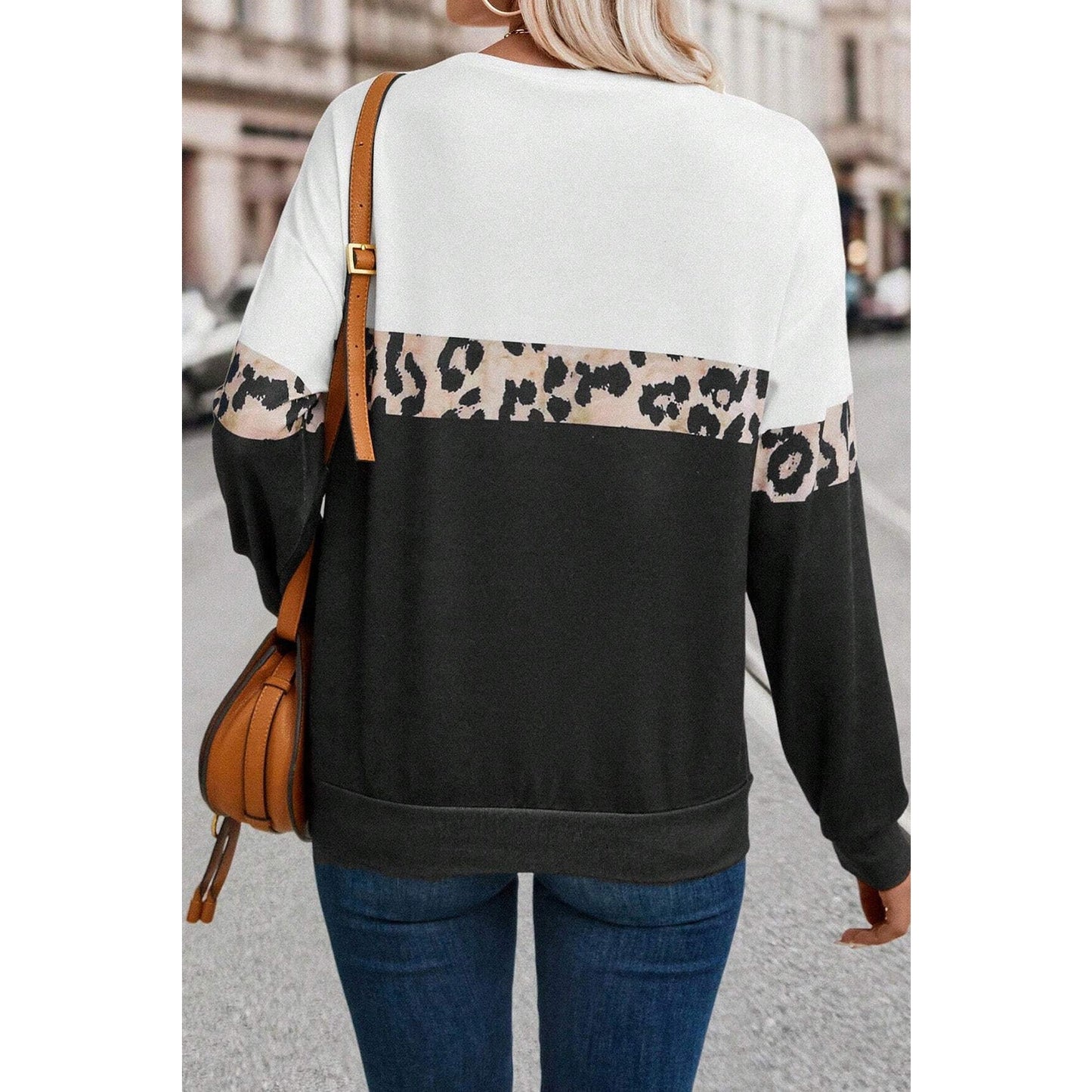 Oaklyn Black Leopard Colorblock Round Neck Long Sleeve Top