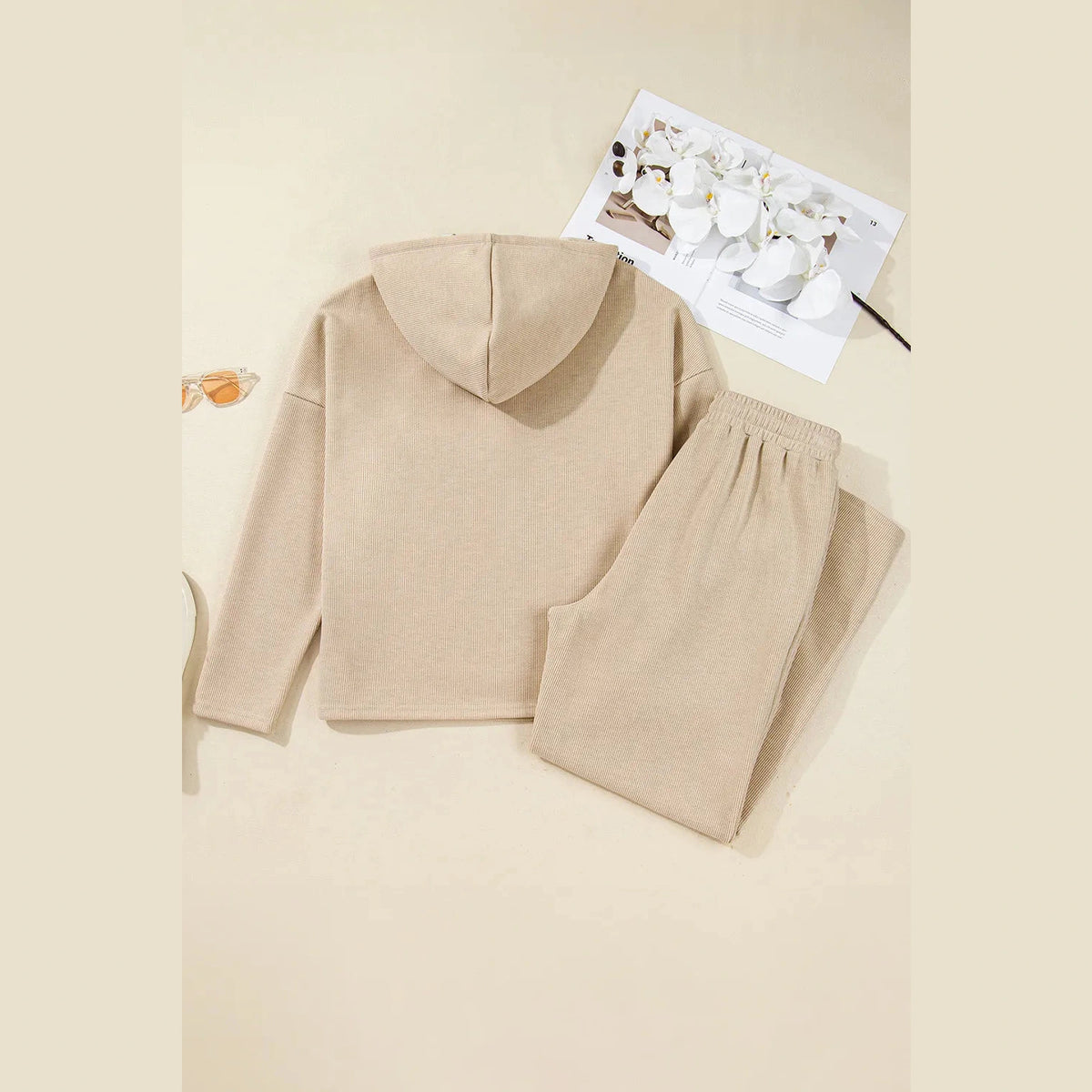 Andria Oatmeal Lace Drawstring Pullover Hoodie and High Waist Pants Corduroy Suit