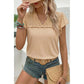 Angie Oatmeal Sheer Lace Splicing Split Neck Ruffle Short Sleeve Blouse