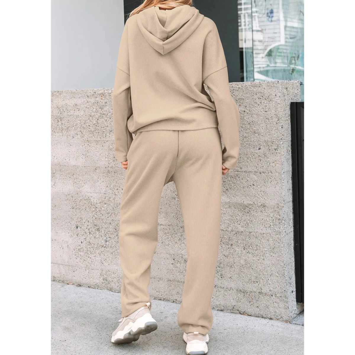 Andria Oatmeal Lace Drawstring Pullover Hoodie and High Waist Pants Corduroy Suit