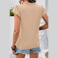 Angie Oatmeal Sheer Lace Splicing Split Neck Ruffle Short Sleeve Blouse