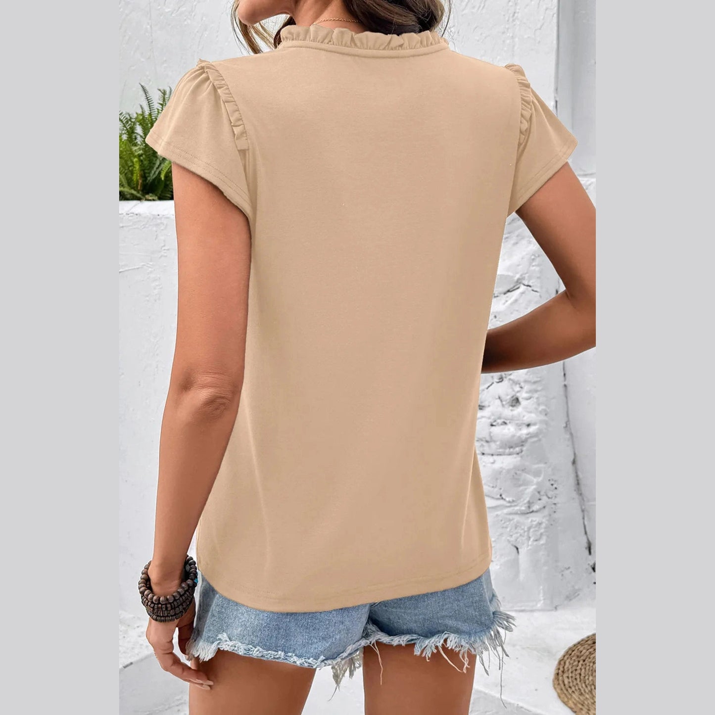 Angie Oatmeal Sheer Lace Splicing Split Neck Ruffle Short Sleeve Blouse