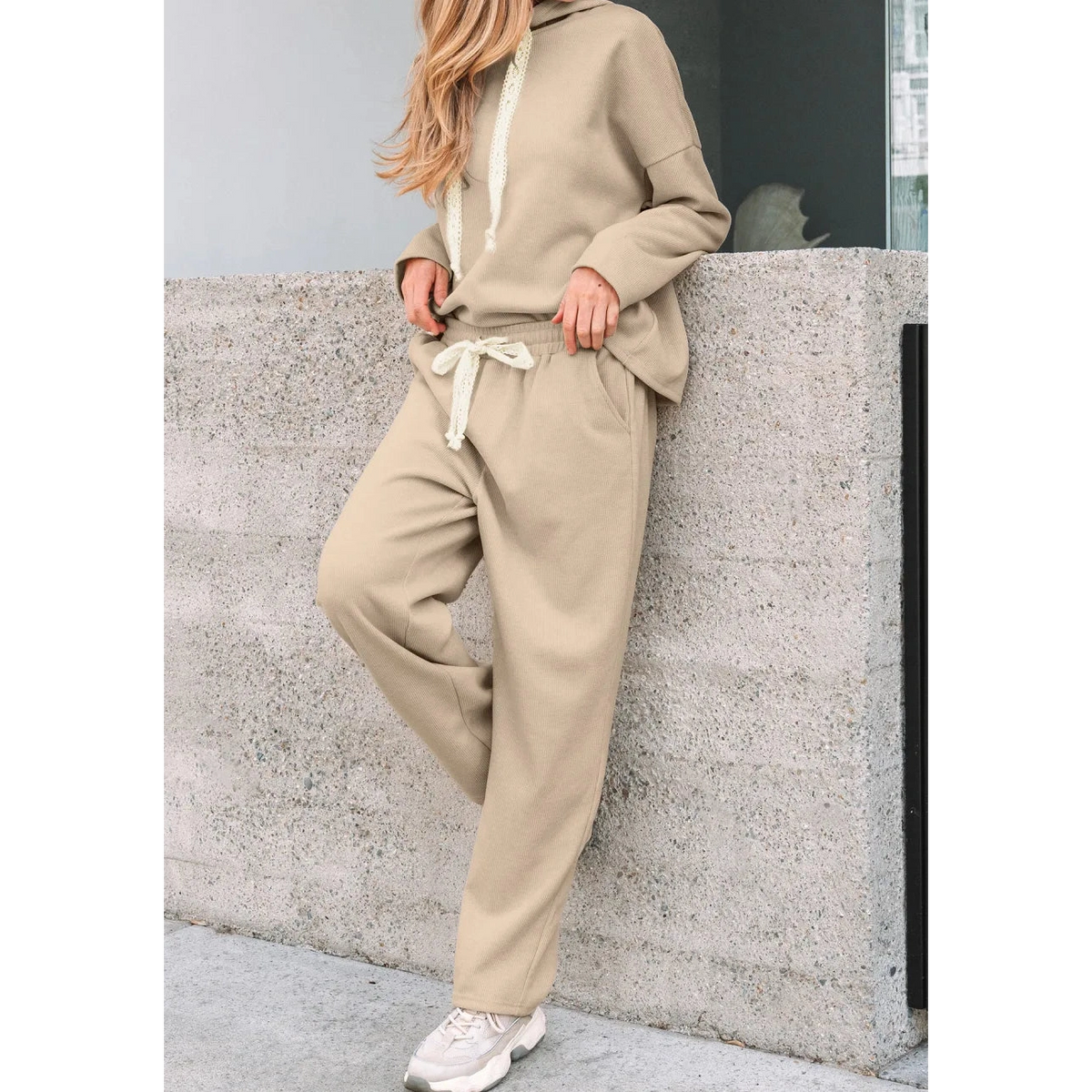 Andria Oatmeal Lace Drawstring Pullover Hoodie and High Waist Pants Corduroy Suit
