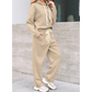 Andria Oatmeal Lace Drawstring Pullover Hoodie and High Waist Pants Corduroy Suit