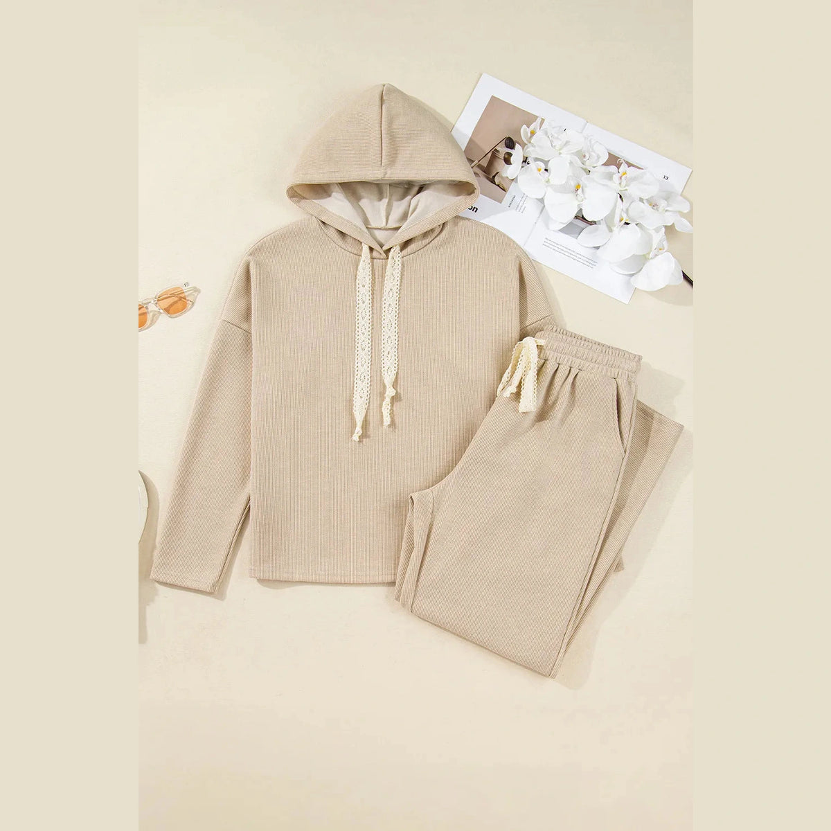 Andria Oatmeal Lace Drawstring Pullover Hoodie and High Waist Pants Corduroy Suit