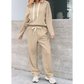 Andria Oatmeal Lace Drawstring Pullover Hoodie and High Waist Pants Corduroy Suit