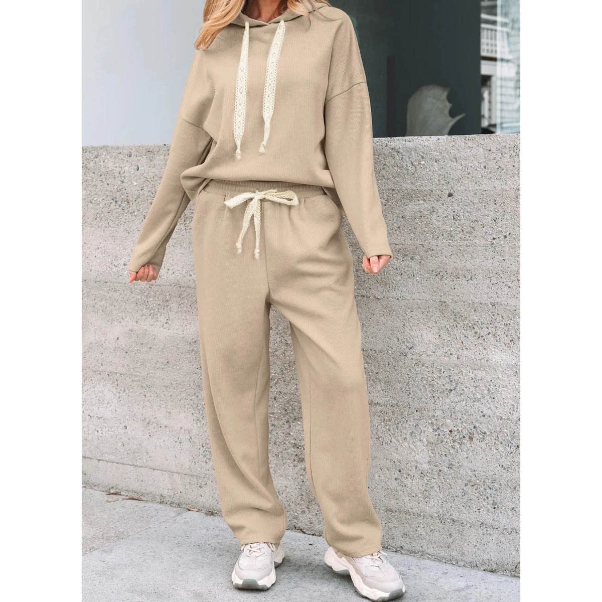 Andria Oatmeal Lace Drawstring Pullover Hoodie and High Waist Pants Corduroy Suit