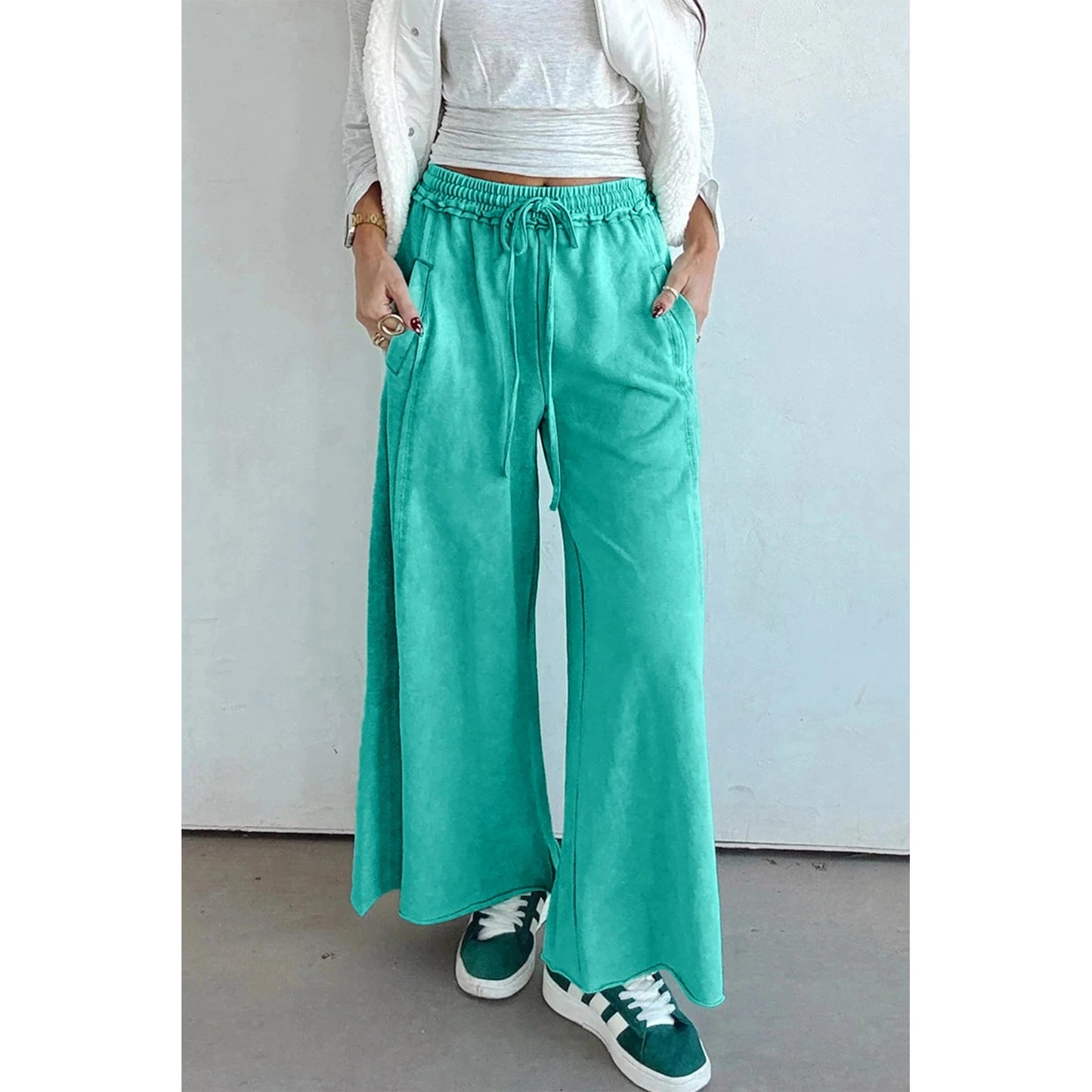Odessa Sea Green Mineral Wash Drawstring Elastic Waist Raw Hem Loose Pants
