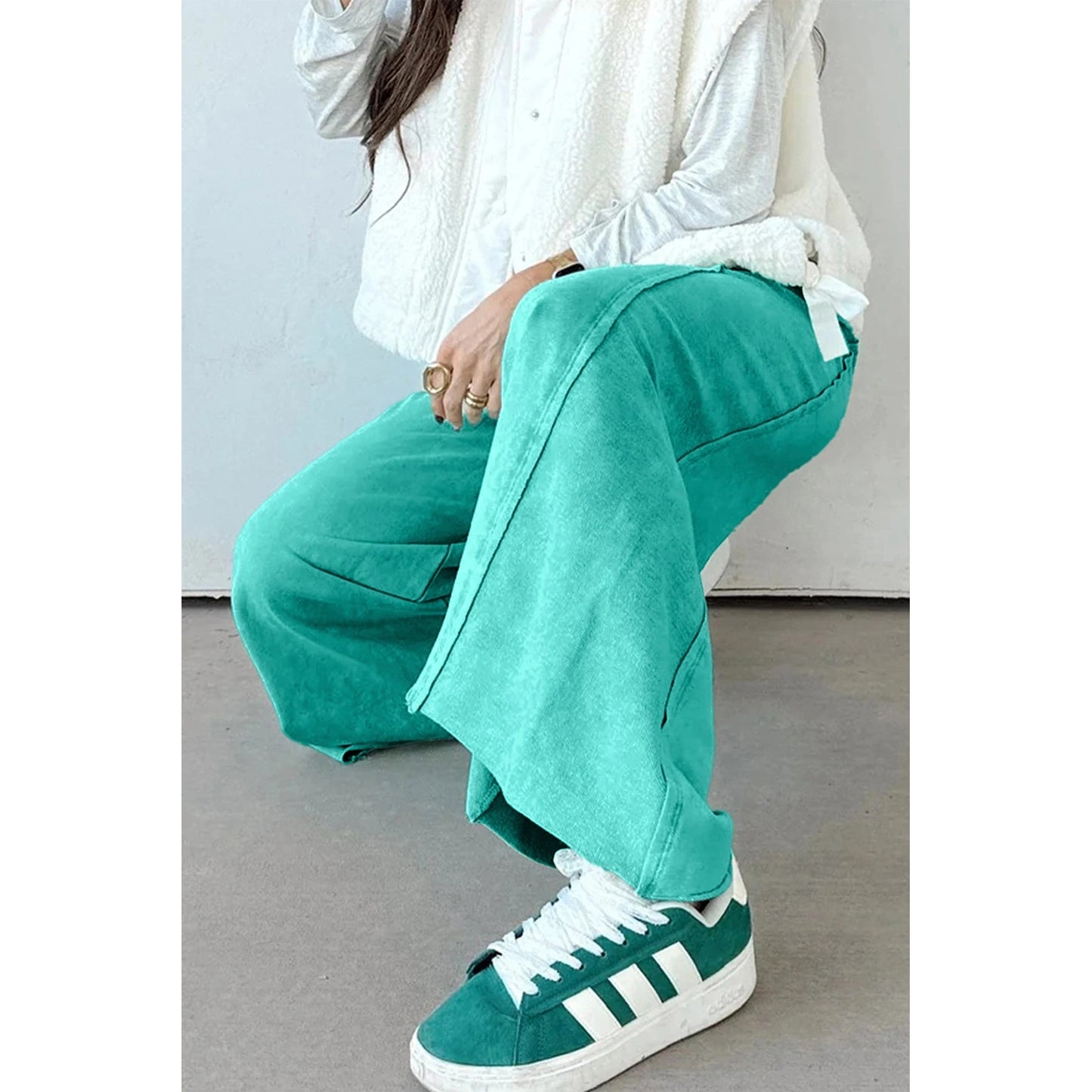 Odessa Sea Green Mineral Wash Drawstring Elastic Waist Raw Hem Loose Pants