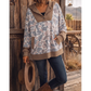 Odette Khaki Camouflage Print Waffled Patchwork Loose Pullover Hoodie