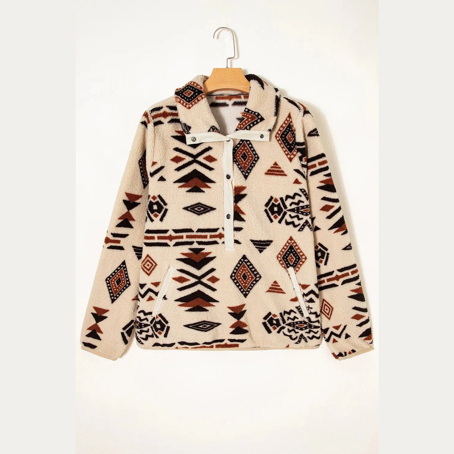 Ofelia Beige Western Aztec Half Zip Plush Sweatshirt