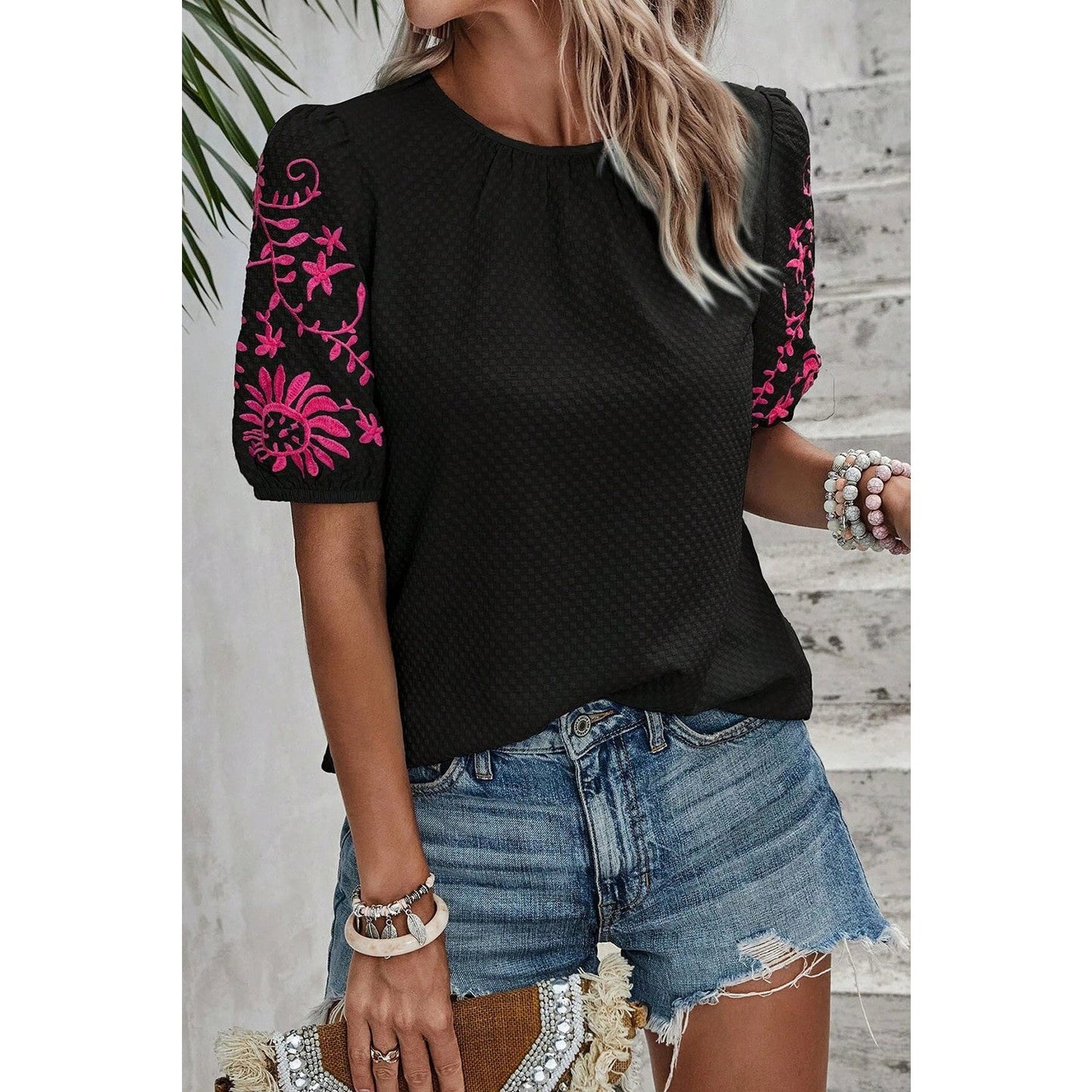 Olga Black Floral Embroidered Textured Puff Sleeve T Shirt