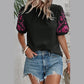 Olga Black Floral Embroidered Textured Puff Sleeve T Shirt