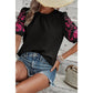 Olga Black Floral Embroidered Textured Puff Sleeve T Shirt