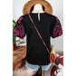 Olga Black Floral Embroidered Textured Puff Sleeve T Shirt