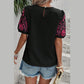 Olga Black Floral Embroidered Textured Puff Sleeve T Shirt