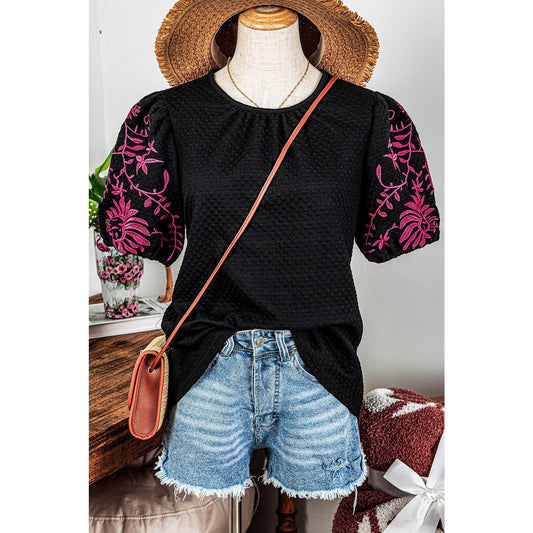 Olga Black Floral Embroidered Textured Puff Sleeve T Shirt