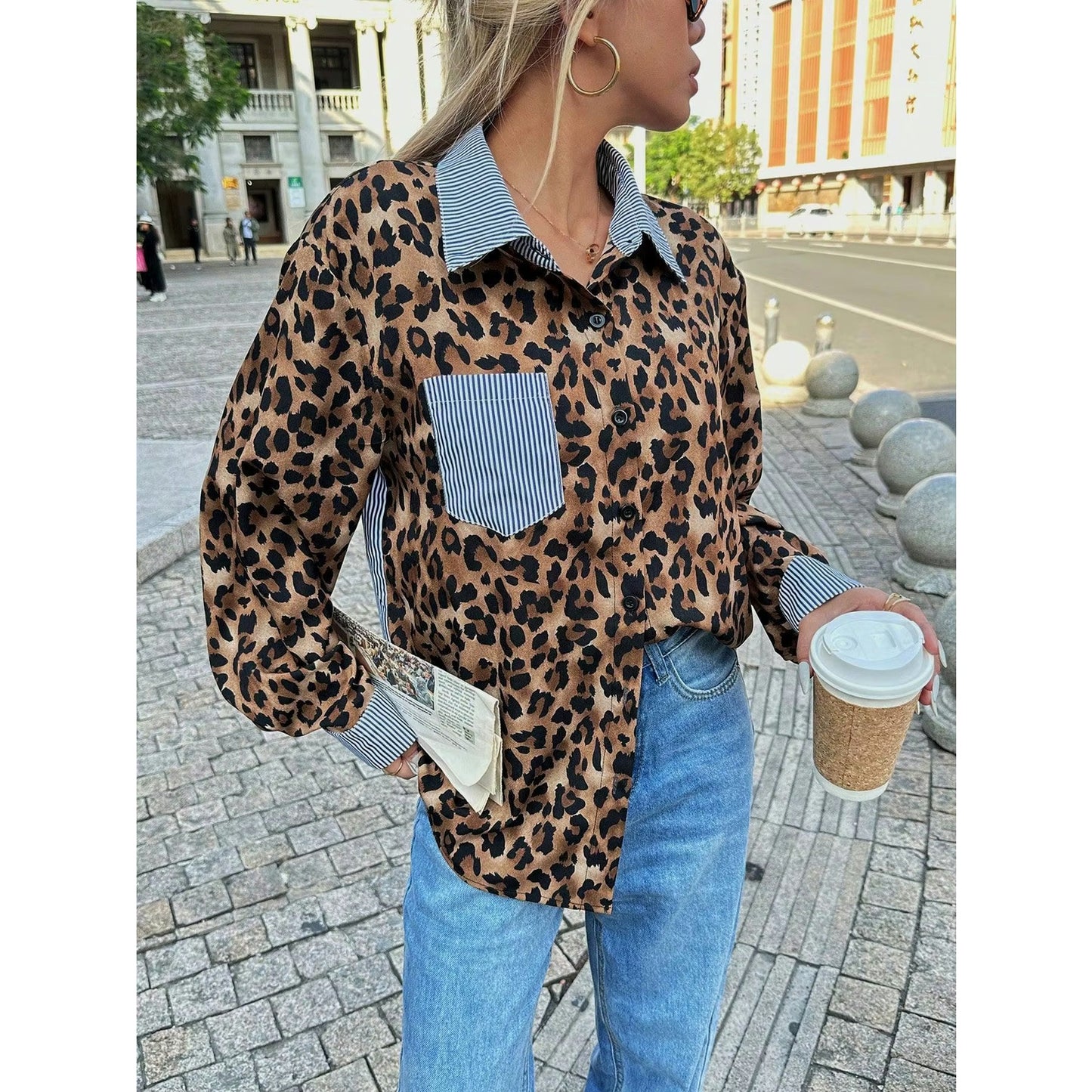 Shay Leopard Print Patchwork Long Sleeve Shirt