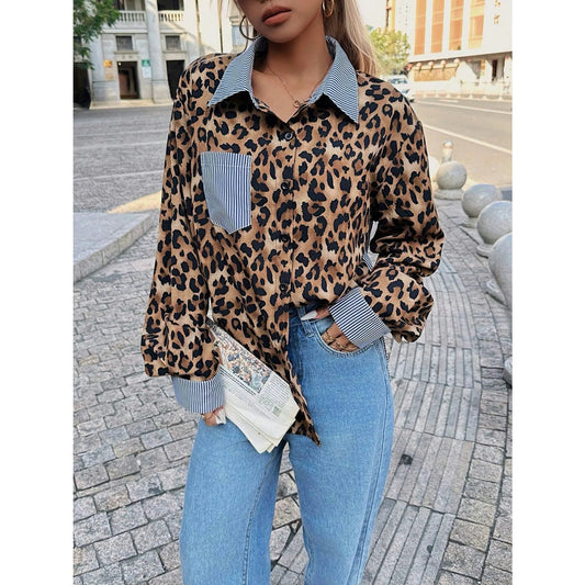 Shay Leopard Print Patchwork Long Sleeve Shirt