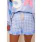 Ollie Blue Gingham Print Ruffle Striped Detail Lace Tie Shorts