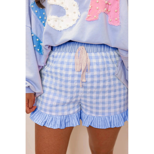 Ollie Blue Gingham Print Ruffle Striped Detail Lace Tie Shorts
