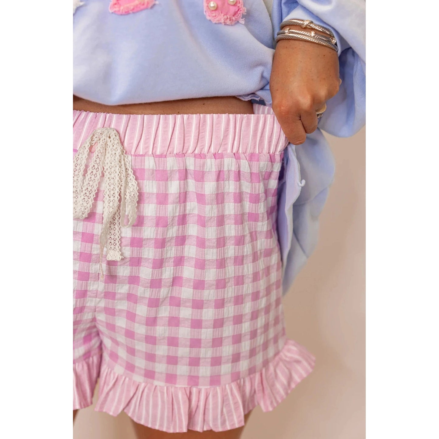 Ollie Pink Gingham Print Ruffle Striped Detail Lace Tie Shorts