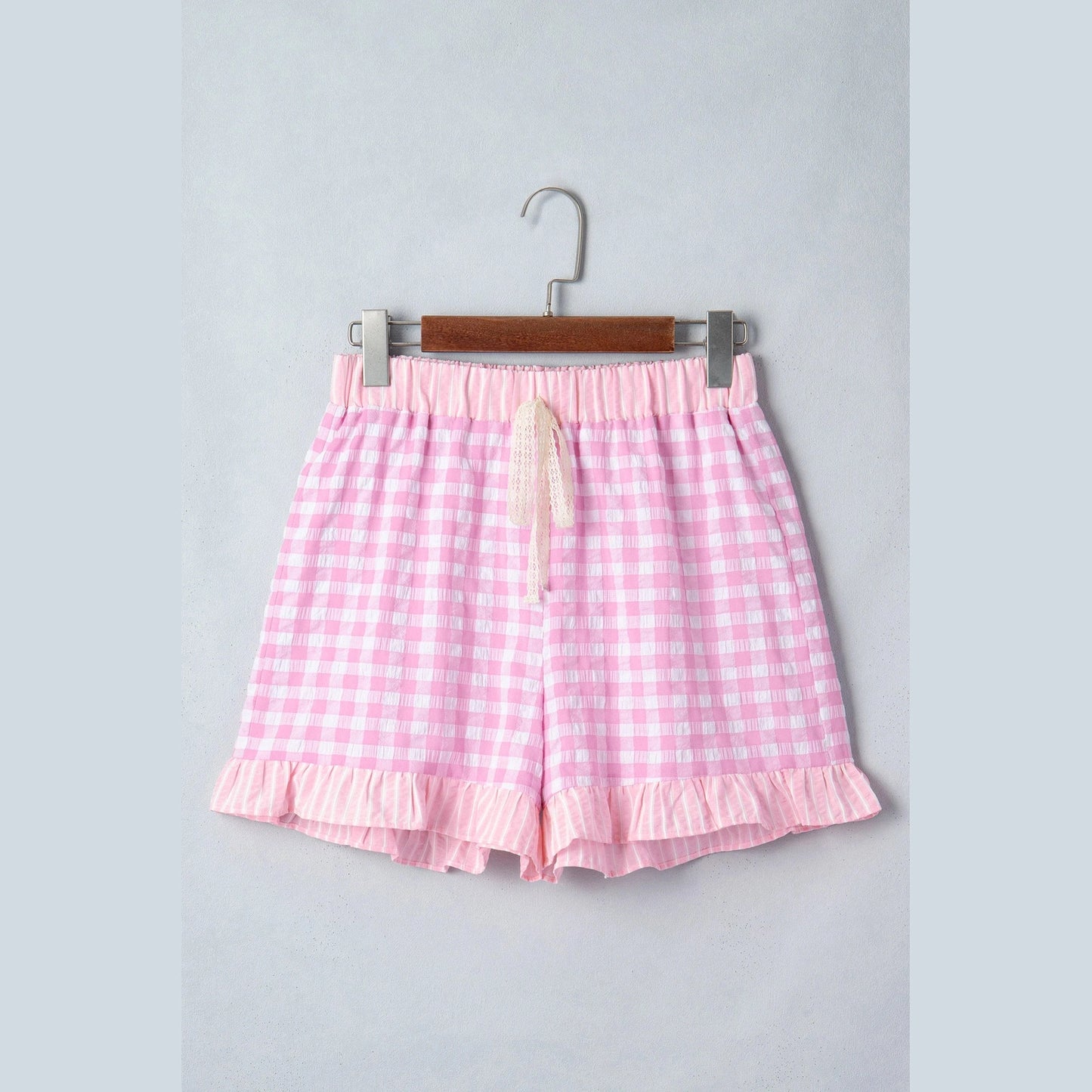 Ollie Pink Gingham Print Ruffle Striped Detail Lace Tie Shorts