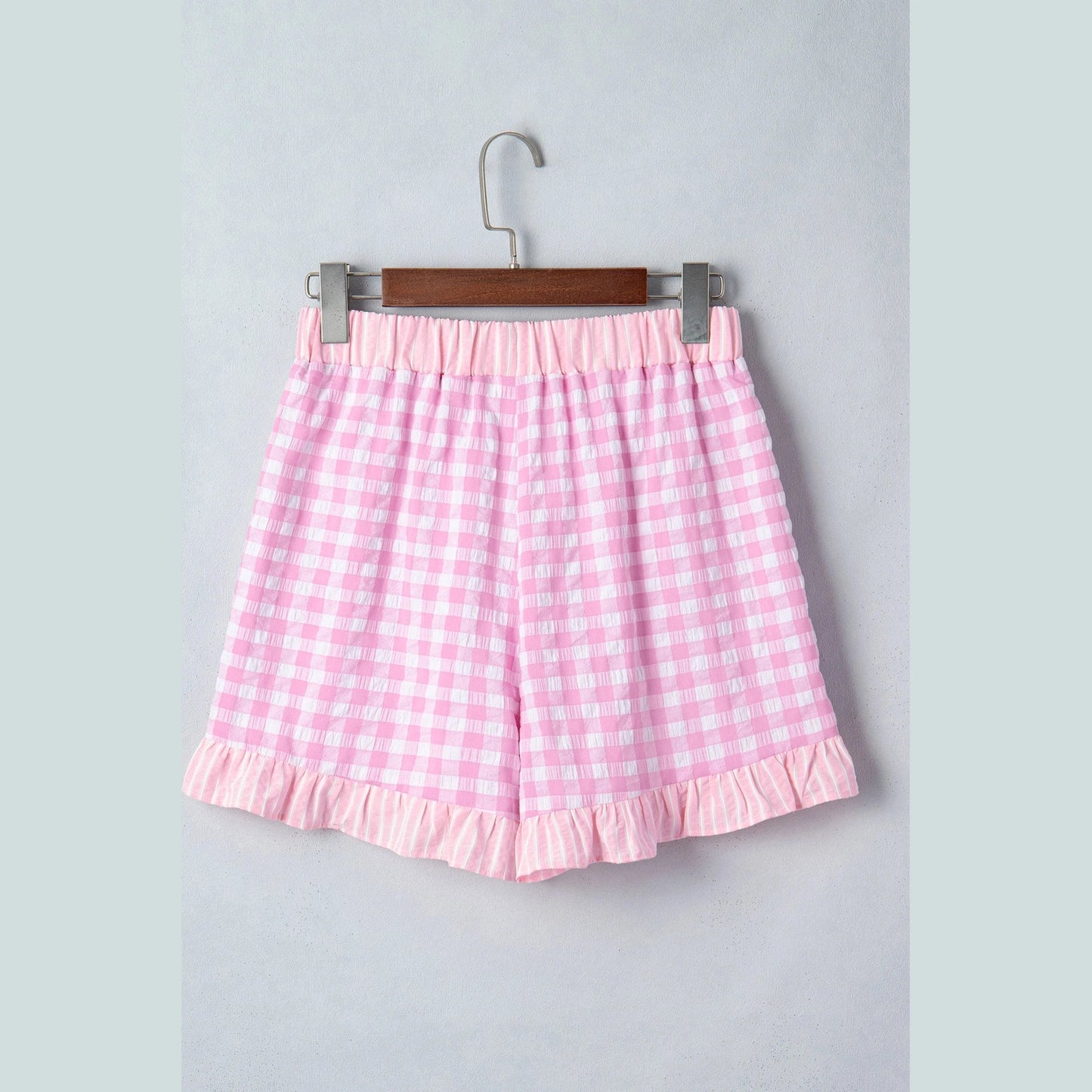 Ollie Pink Gingham Print Ruffle Striped Detail Lace Tie Shorts