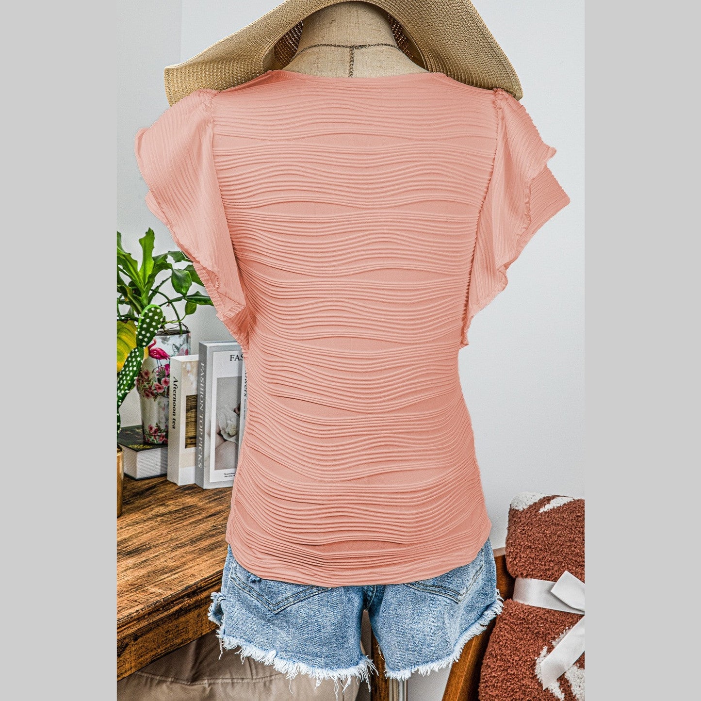Donetta Pink Wavy Textured Ruffle Sleeve Top