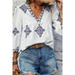 Montae White/Navy Geometric Print V Neck Quarter Sleeve Top