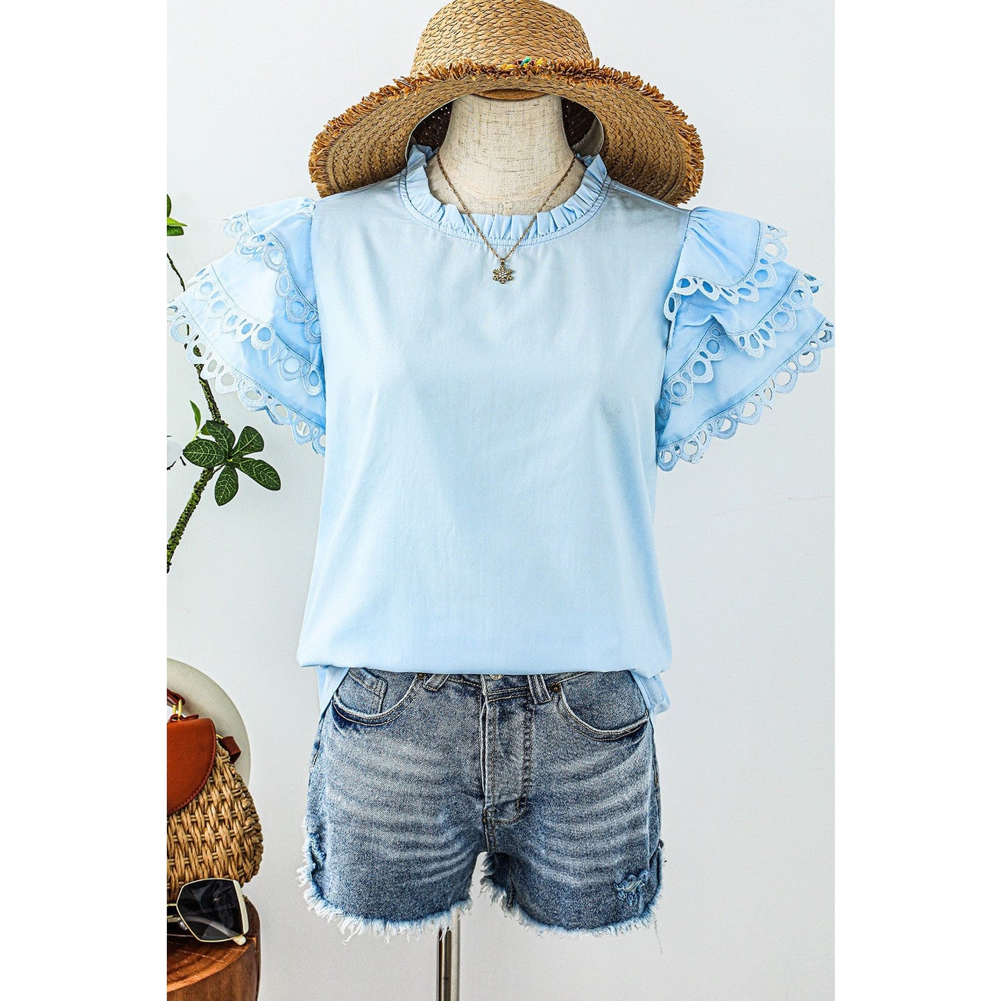 Opehlia Beau Blue Layered Ric Rac Cap Sleeve Filled Neck Blouse