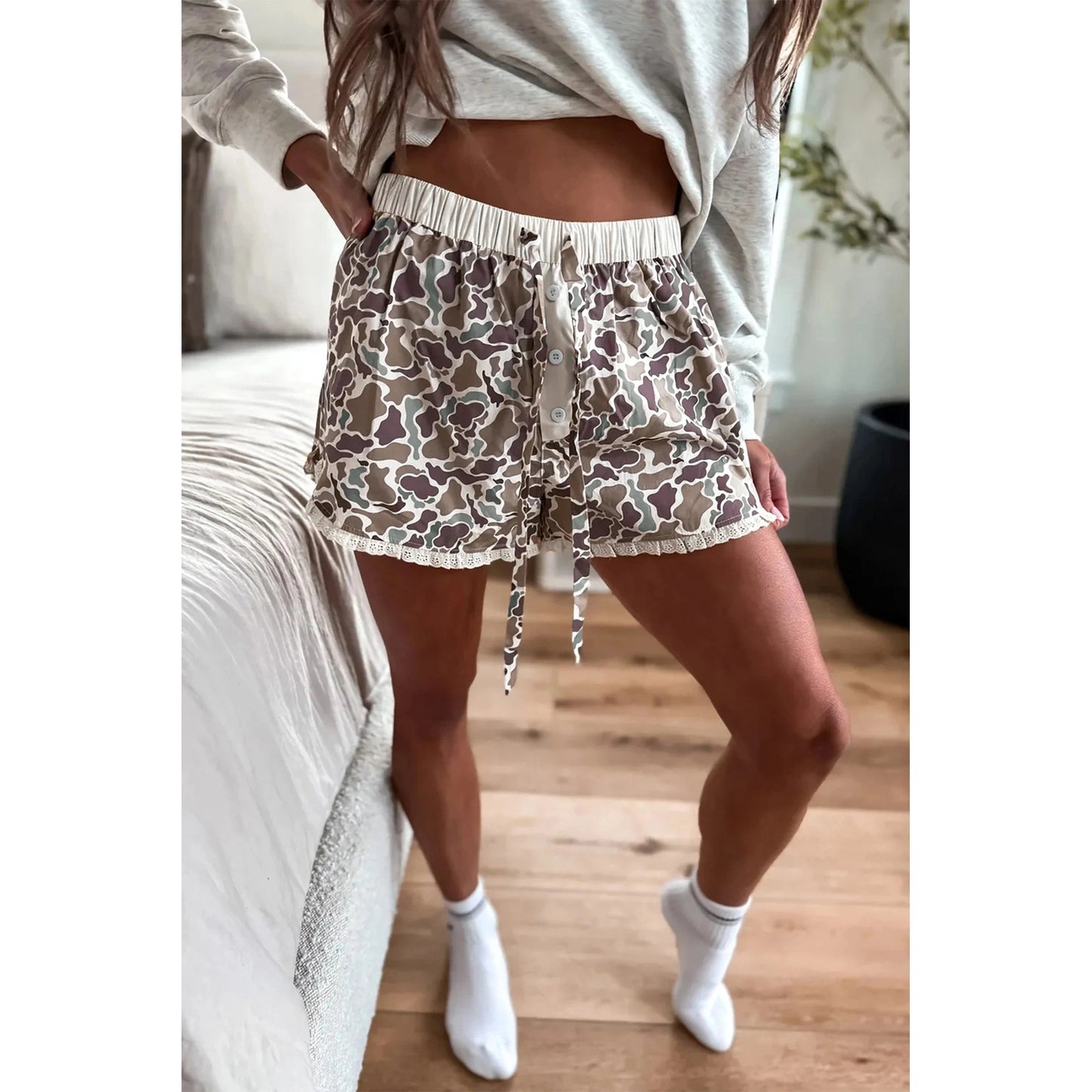 Oralie Khaki Camouflage Print Ruffle Boxer Shorts