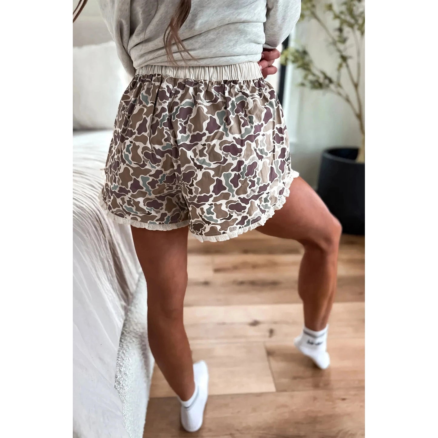 Oralie Khaki Camouflage Print Ruffle Boxer Shorts