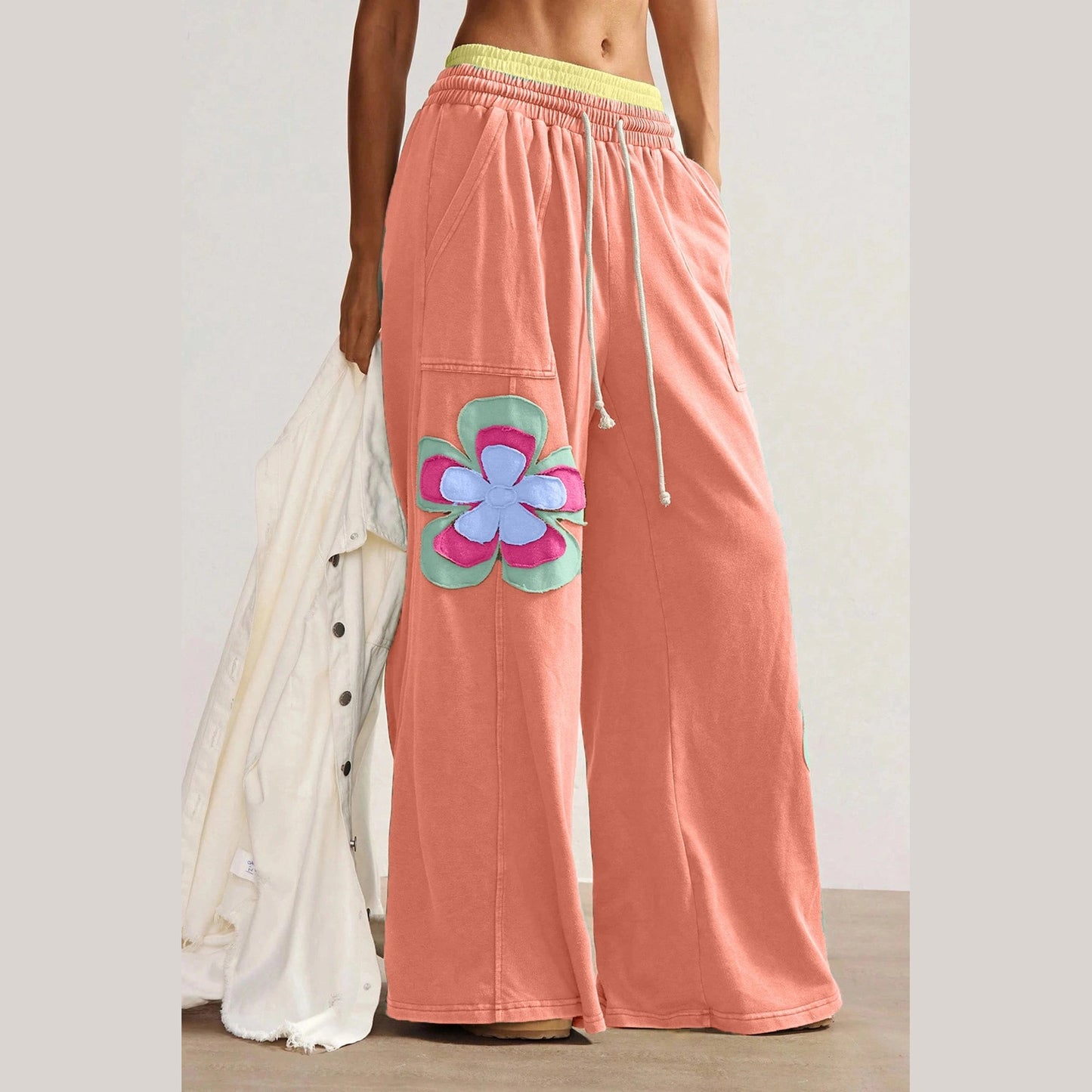 Kendyl Orange Color Block Flower Patchwork Drawstring Contrasted Elastic Waist Wide Leg Pants