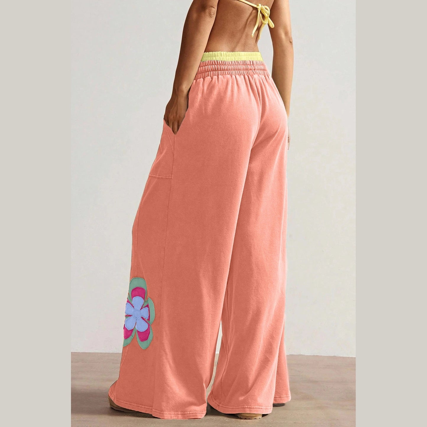 Kendyl Orange Color Block Flower Patchwork Drawstring Contrasted Elastic Waist Wide Leg Pants