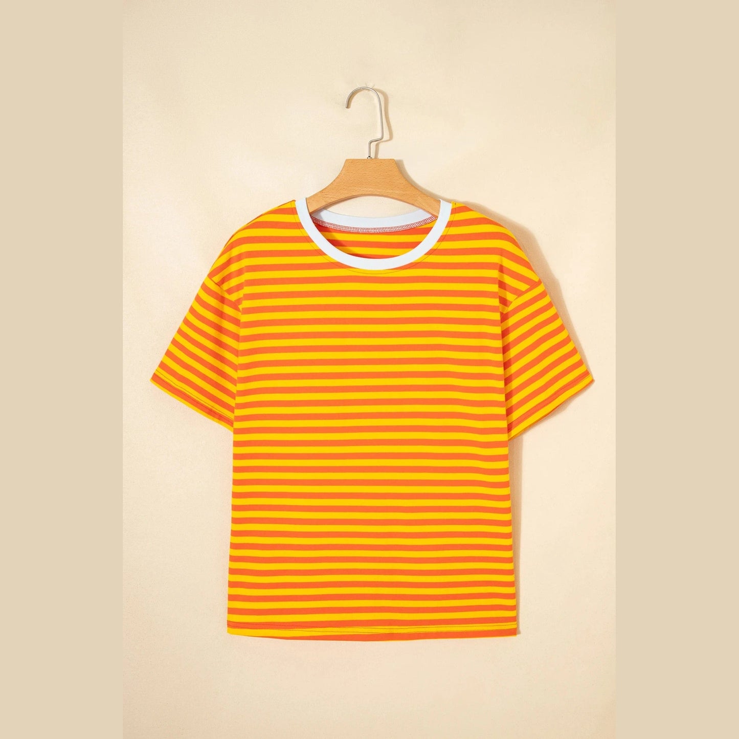Quinly Orange Stripe Contrast Crew Neck Drop Shoulder Loose Tee