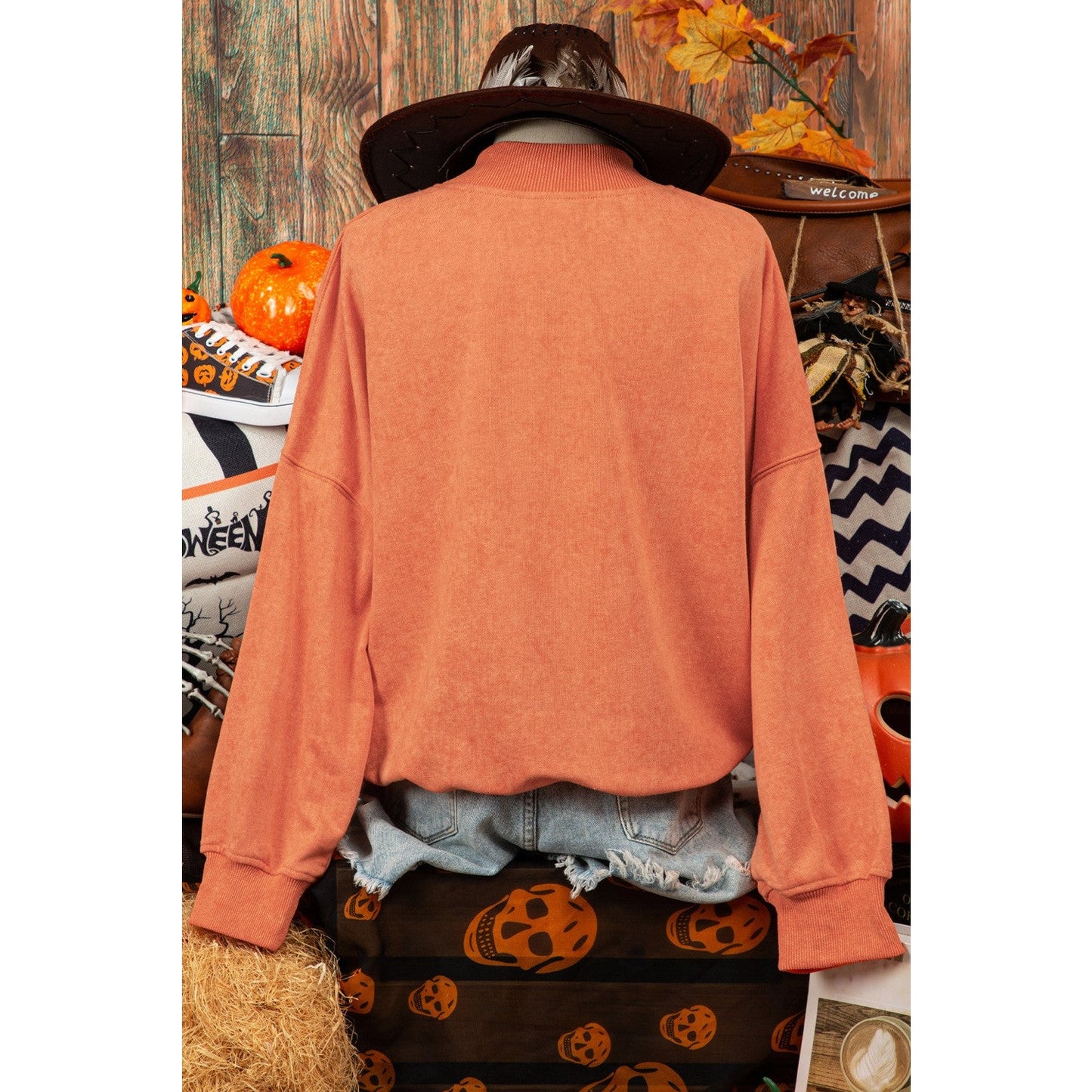 Kharlie Orange Drop Shoulder Crew Neck Pullover Sweatshirt